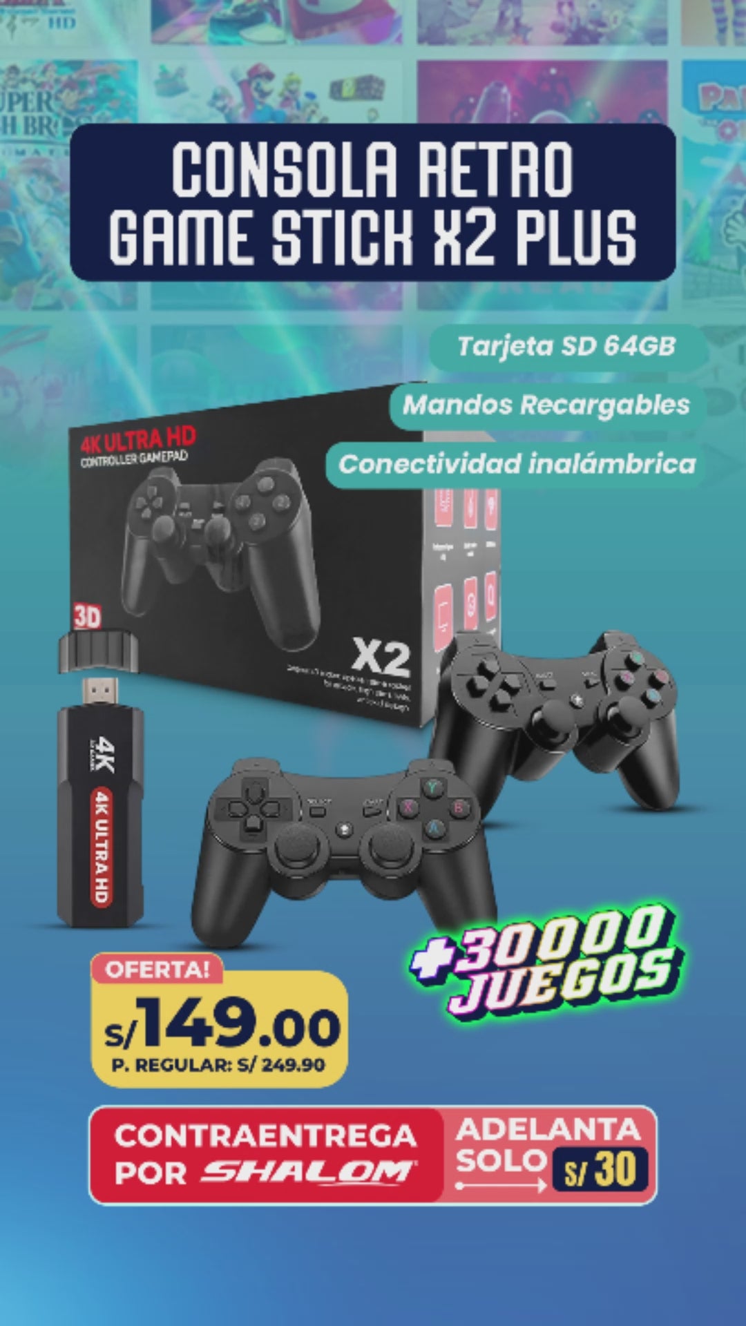Consola Retro Game Stick X2 Plus 4K | 30,000 Juegos | 128GB + 2 Mandos Inalámbricos
