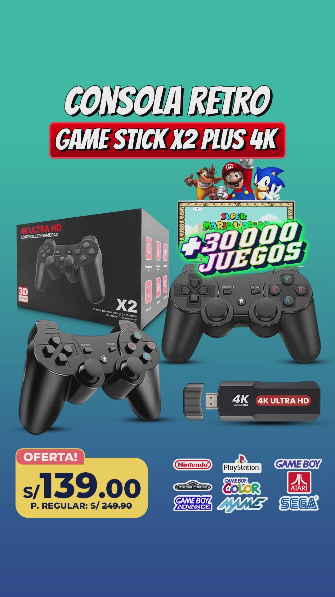 Consola Retro Game Stick X2 Plus 4K | 30,000 Juegos | 128GB + 2 Mandos Inalámbricos
