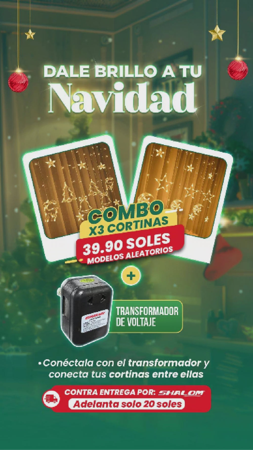 Combo Navideño 3 Cortinas de Luces + Transformador