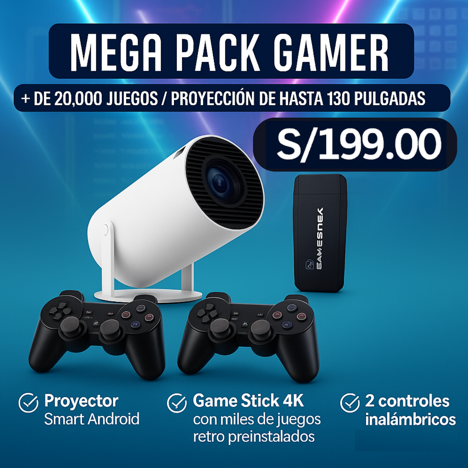 MEGA PACK GAMER – Proyector + Game Stick 4K + 2 Controles Inalámbricos
